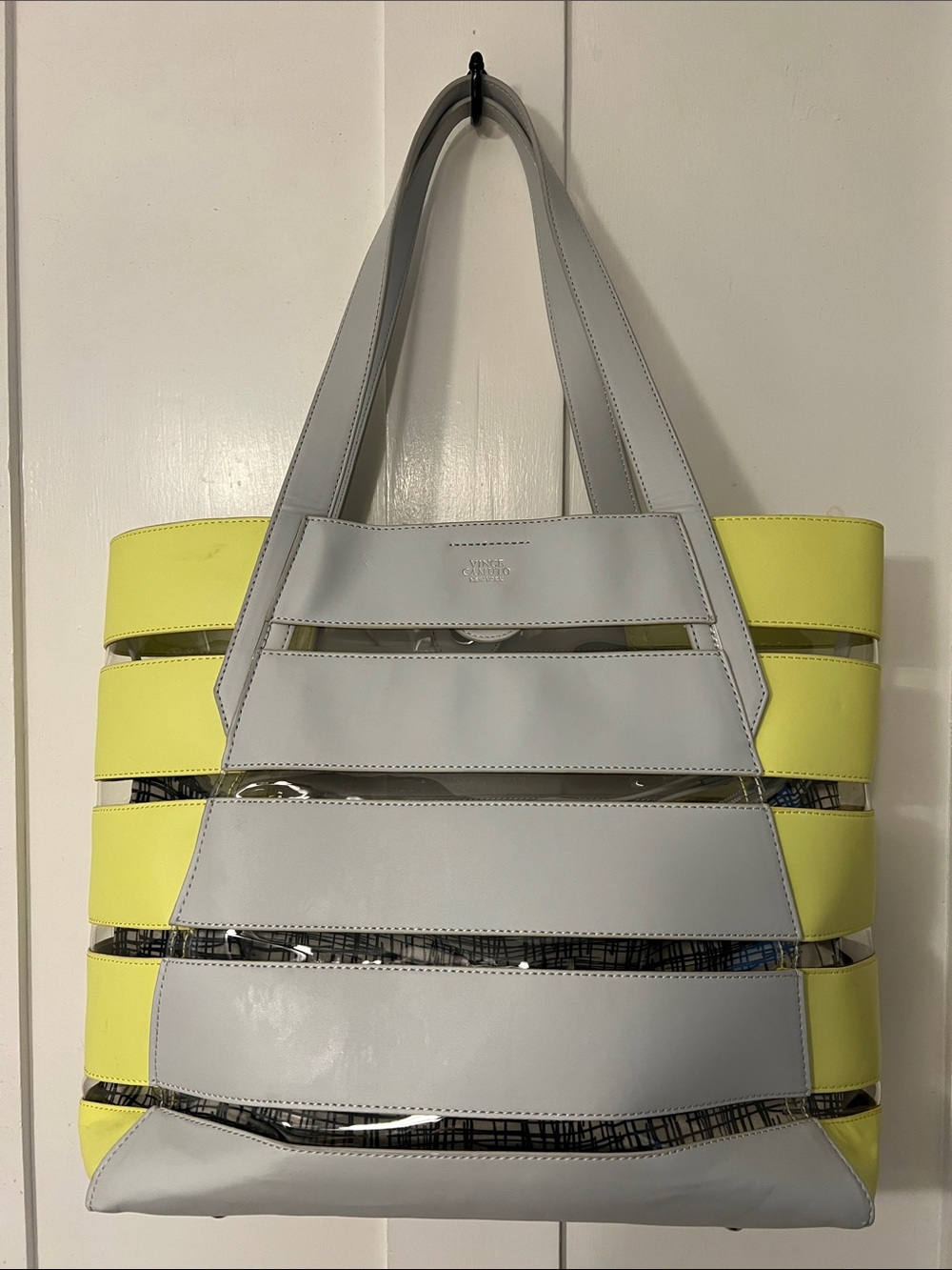 Vince Camuto Gray and light lime green Striped Tote Bag